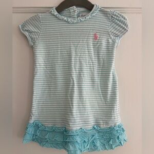Ralph Lauren, Aqua Striped Cotton Baby Dress with Pink Logo, 9M